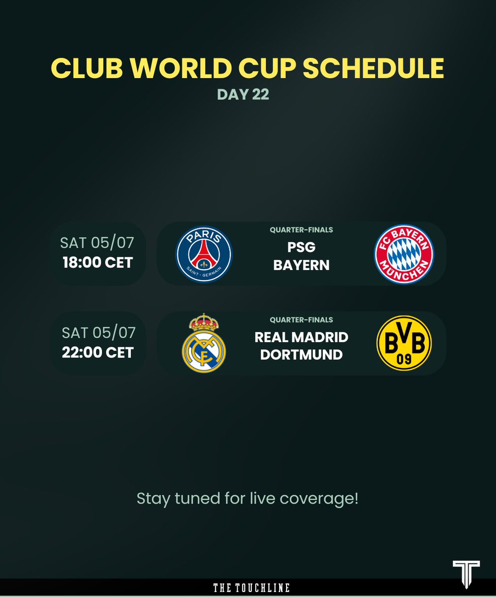 The Touchline | Football Coverage (@touchlinex) on Twitter photo 🚨 The Club World Cup continues today with DAY 22 with TWO HUGE QUARTER FINALS — and as always we’re covering every second of it 𝗹𝗶𝘃𝗲 on <a href="/TouchlineX/">The Touchline | Football Coverage</a>.
Don’t miss a moment! 📺 🚨 The Club World Cup continues today with DAY 22 with TWO HUGE QUARTER FINALS — and as always we’re covering every second of it 𝗹𝗶𝘃𝗲 on <a href="/TouchlineX/">The Touchline | Football Coverage</a>.
Don’t miss a moment! 📺