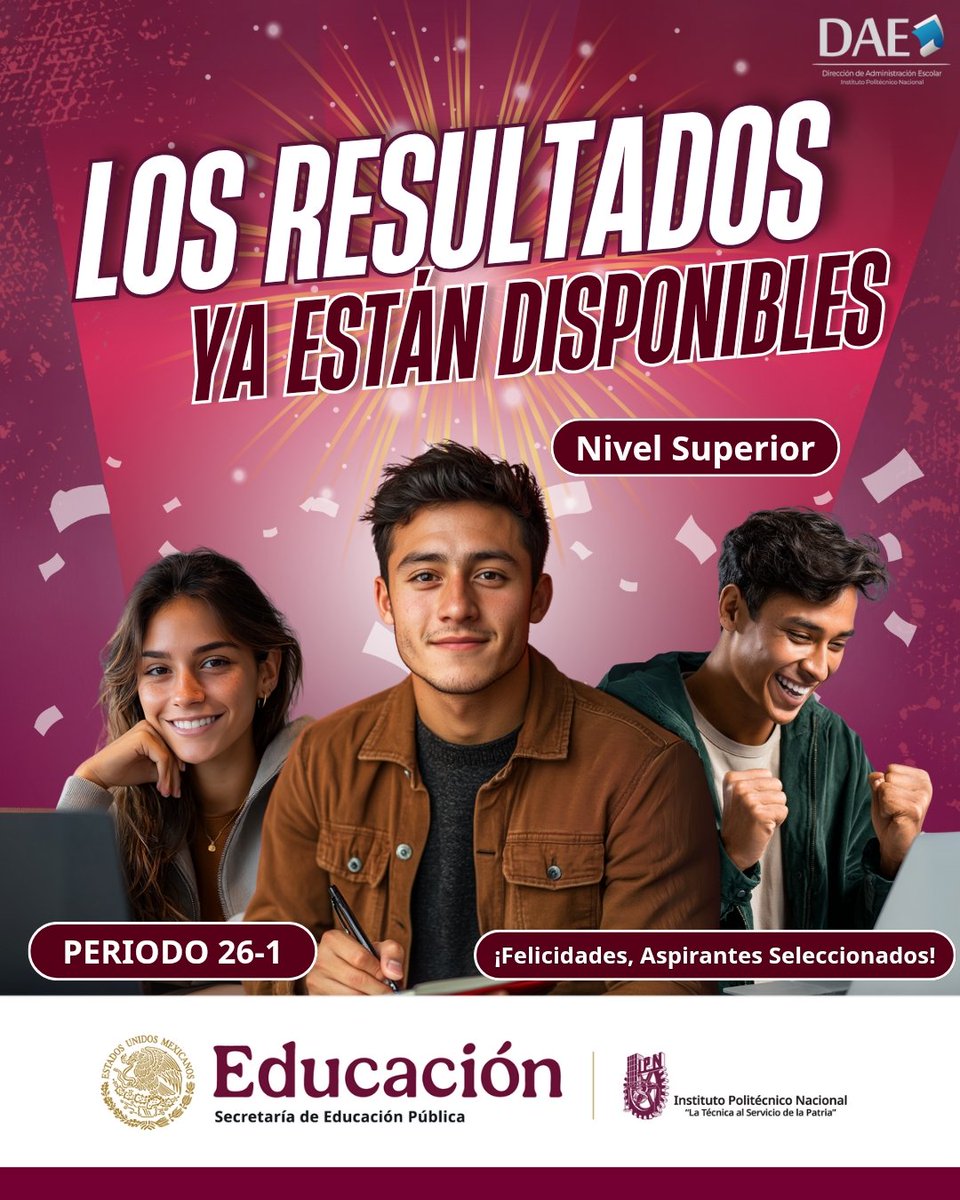 Si presentaste el examen de admisión al Nivel Superior Modalidad Escolarizada, ya puedes consultar tus resultados en: 
➡️ ipn.mx

Felicitamos a quienes fueron seleccionados y seleccionadas y les damos la más cordial bienvenida a la Comunidad Politécnica. ¡Huélum!