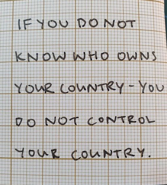 If you do not know who owns your country - you do not control your country. 

Discuss...... Do it in person today at Liverpool Central Library during our Q&amp;A
