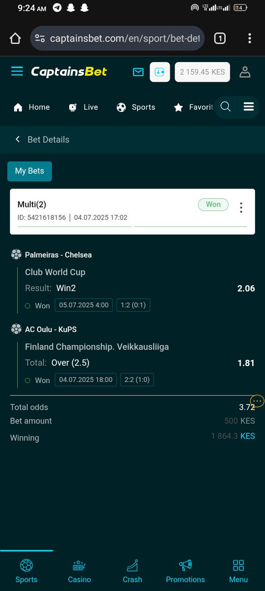 We won triple stake ✅🥳🤲 
Congratulations kama uliweka stake ya weekend Iko 
 Reg captainsbet here 👇 
cutt.ly/XrW2SMnm

Use promocode 👉 KENYA2030