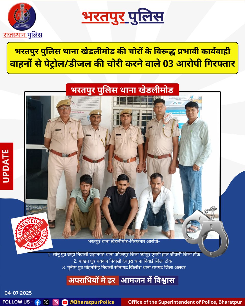 जिला पुलिस अधीक्षक श्री <a href="/ips_mridul/">Mridul Kachawa IPS</a> के निर्देशन में- 

🚨भरतपुर पुलिस थाना #खेड़लीमोड की चोरी की घटनाओं पर अंकुश लगाने के क्रम में प्रभावी कार्यवाही

➡️ वाहनों से पेट्रोल व डीजल चोरी करने वाले 03 आरोपियों को किया गिरफ्तार!

<a href="/RajCMO/">CMO Rajasthan</a> <a href="/PoliceRajasthan/">Rajasthan Police</a>