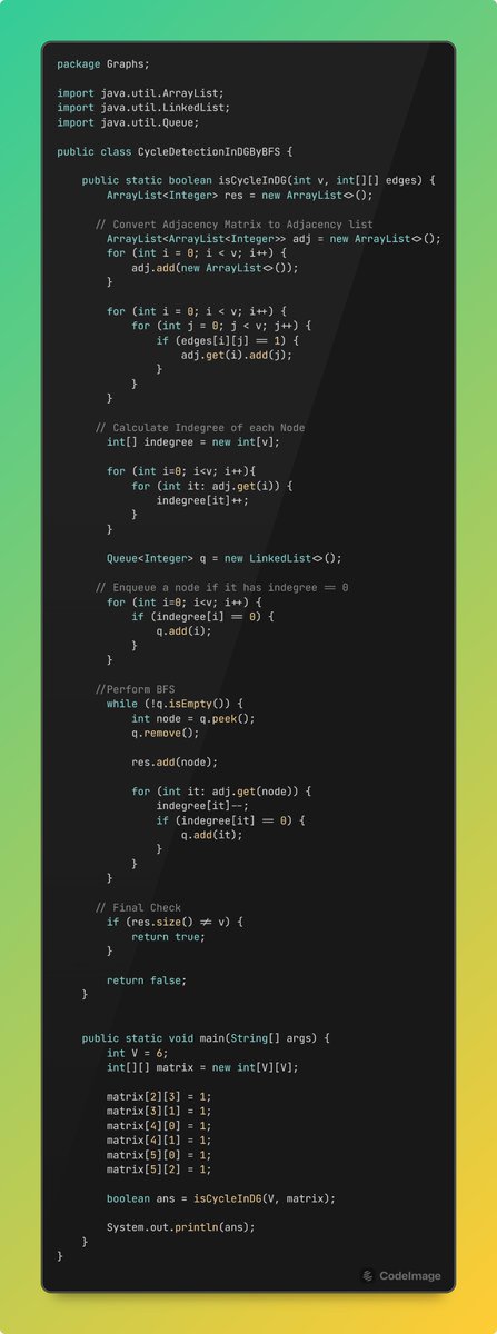 sundaramkatare's tweet image. 💡 Kahn’s Algorithm steps:
🔶Compute in-degrees of all nodes
🔶Push nodes with in-degree 0 into a queue
🔶Pop from queue, reduce in-degrees of neighbors
🔶Count how many nodes were processed
👉 If count ≠ total nodes → Cycle Detected🔁
#Algorithms #CodingTips #KahnsAlgorithm