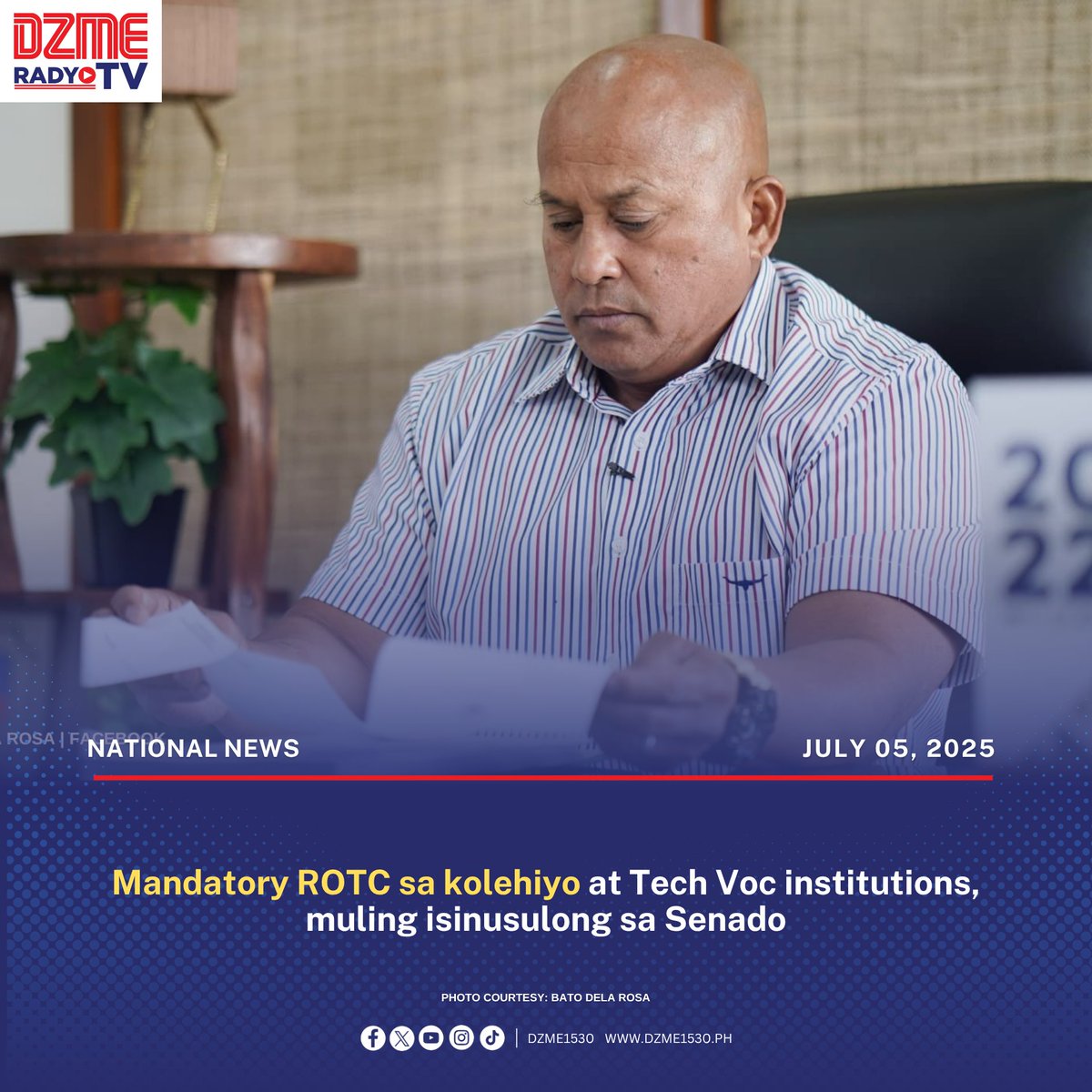 Muling isinusulong ni Senador Ronald Bato dela Rosa ang panukalang magmamandato ng pagbabalik ng Reserve Officers Training Corps o ROTC sa lahat ng estudyante sa kolehiyo at technical vocational institutions. | via Dang Garcia

Basahin: tinyurl.com/2znt2756