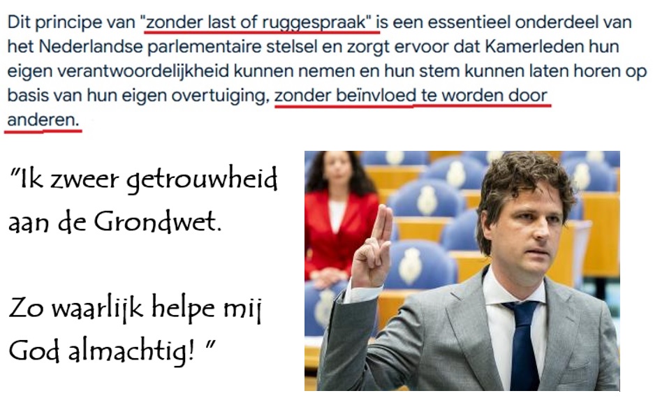 CDA-leider <a href="/HenriBontenbal/">Henri Bontenbal</a> schendt artikel 67 van de Grondwet (stemmen zonder last of ruggespraak). Kamerleden mogen andere Kamerleden niet onder druk zetten. Partijleider Bontenbal instrueerde de CDA-fractie in de Eerste Kamer alvast tegen de asielwetten te stemmen.