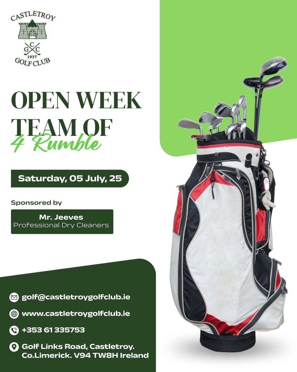🏌️‍♂️ LET'S RUMBLE! 💥
This Saturday — the ultimate team challenge hits Castletroy.
⛳ TEAM OF 4 RUMBLE
🗓 July 5
🧼 Sponsored by Mr. Jeeves
💥 Turf. Tactics. Triumph.

#GolfSquad #CastletroyRumble #WeekendTeeTime #GolfLimerick #OpenWeek2025