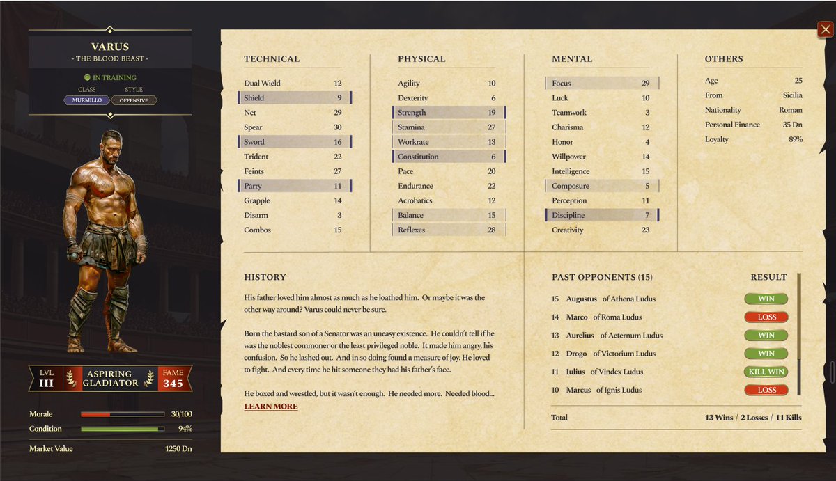 GladiatorumGame's tweet image. Our first devlog, "Forging Gladiators," is LIVE!

Dive into how we're making gladiators truly unique, with 33 attributes, classes, and personal stories. Not just stats, but souls!

Full details on Discord: discord.gg/mpxnPacKCs

#GladiatorGame #IndieDev #screenshotsaturday