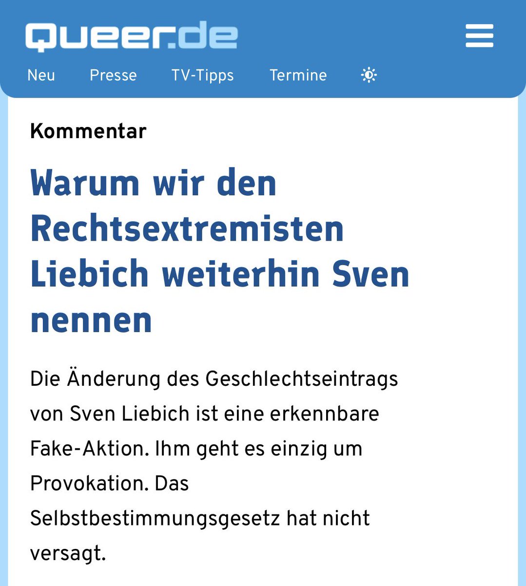 Das rechtsextreme Portal <a href="/queer_de/">queer.de</a> misgendert die Feminist*in <a href="/MarlaSvenjaL/">Marla Svenja Liebich</a>. Hier sind wir alle aufgefordert, unsere Demokratie zu verteidigen. Dieser Angriff ist ein Angriff auf uns alle.