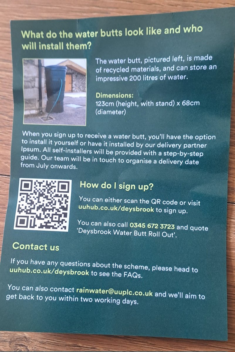 If you have received one of these leaflets in West Derby Deysbrook Ward, you qualify for a FREE water butt, to help with the flooding issues. Your can use the QR code, or phone 0345 672 3723, quoting 'Deysbrook Water Butt Roll Out', to apply.
