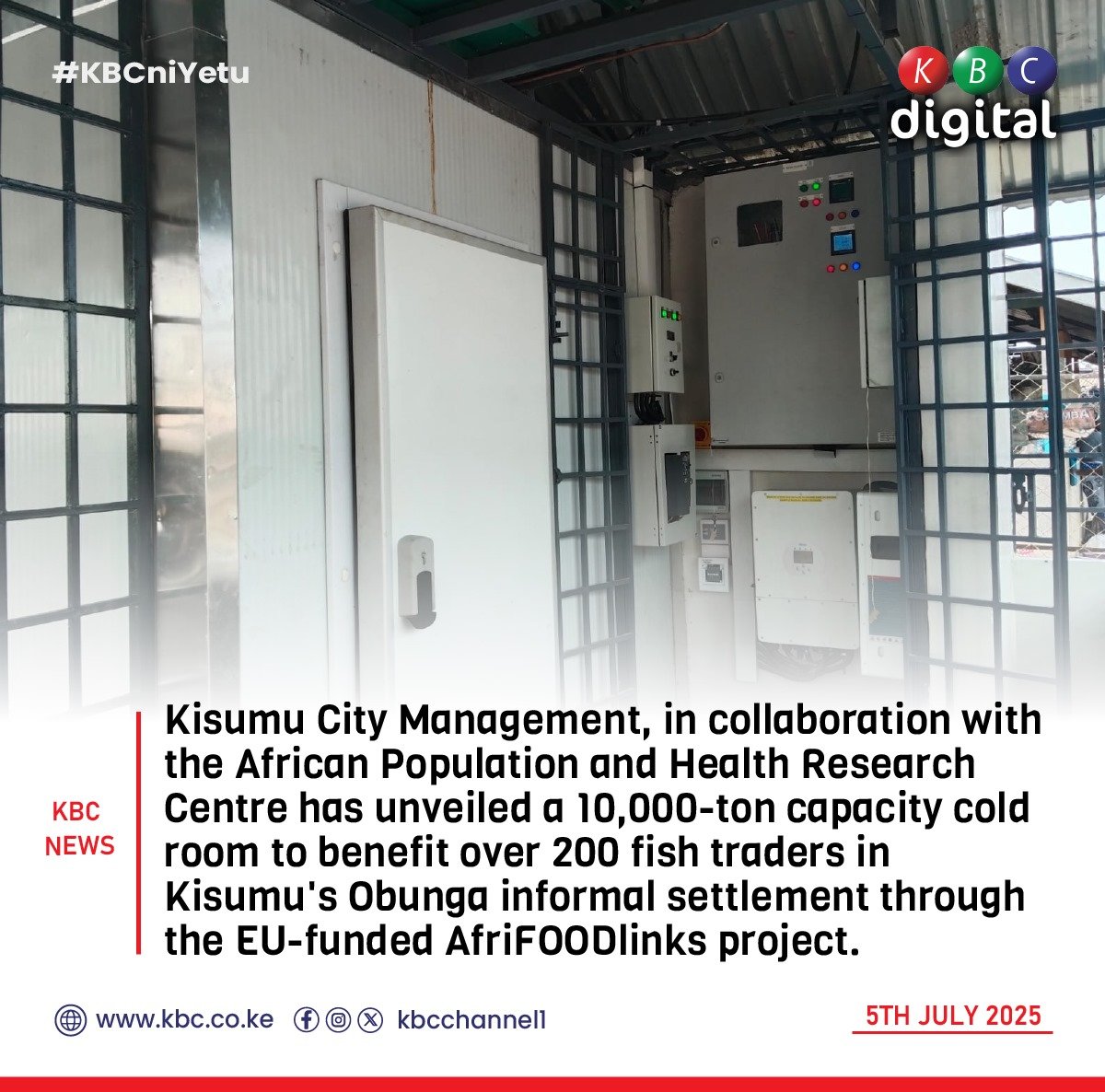 KBCChannel1's tweet photo. Kisumu City Management, in collaboration with the African Population and Health Research Centre has unveiled a 10,000-ton capacity cold room to benefit over 200 fish traders in Kisumu's Obunga informal settlement through the EU-funded AfriFOODlinks project.
#KBCniYetu^EM https://t.co/YqX53mdXcK