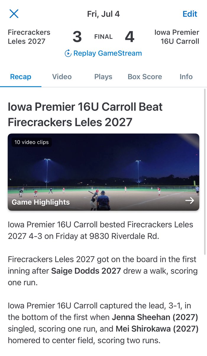 Great win tonight under the lights. 2-0 in bracket play. Looking to finish strong tomorrow. <a href="/IowaPremierFP/">Iowa Premier Fastpitch</a> <a href="/COSparkFire/">CO 4th of July</a> <a href="/TCSFastpitch/">TC Fastpitch</a>