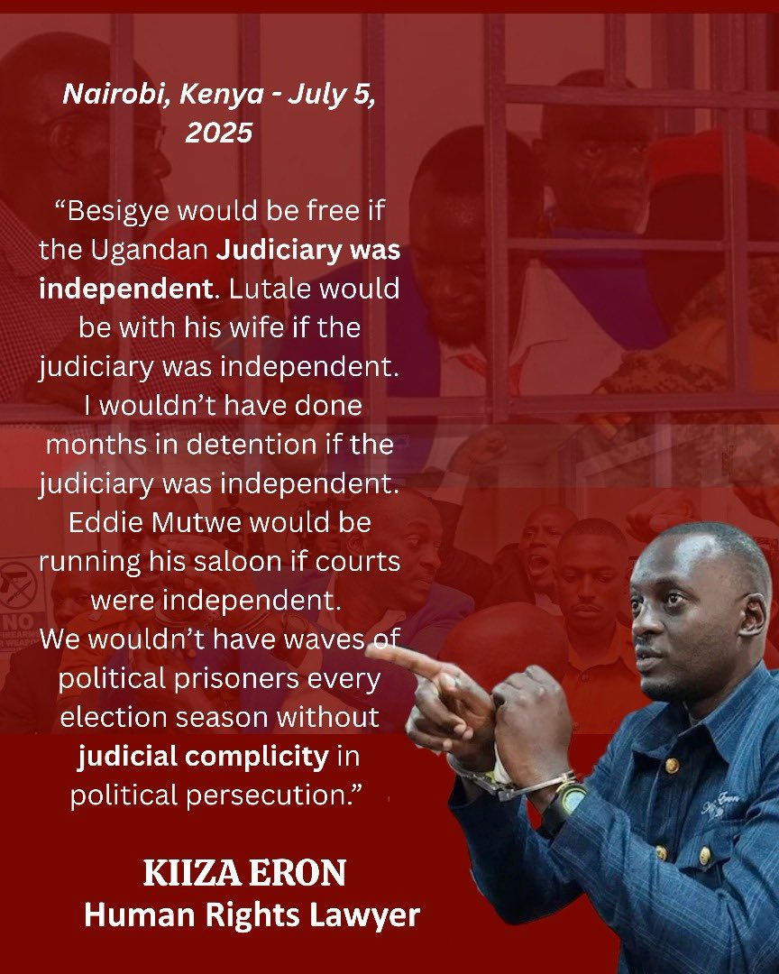 KIIZA ERON (@kiizaeron) on Twitter photo <a href="/kizzabesigye1/">Kifefe Kizza-Besigye</a> would be free if the Ugandan <a href="/JudiciaryUG/">Judiciary Uganda</a> was independent. Lutale would be with his wife if the judiciary was independent. I wouldn’t have done months in detention if the judiciary was independent. <a href="/eddie_mutwe/">Eddie Mutwe</a> would be running his saloon if courts were <a href="/kizzabesigye1/">Kifefe Kizza-Besigye</a> would be free if the Ugandan <a href="/JudiciaryUG/">Judiciary Uganda</a> was independent. Lutale would be with his wife if the judiciary was independent. I wouldn’t have done months in detention if the judiciary was independent. <a href="/eddie_mutwe/">Eddie Mutwe</a> would be running his saloon if courts were