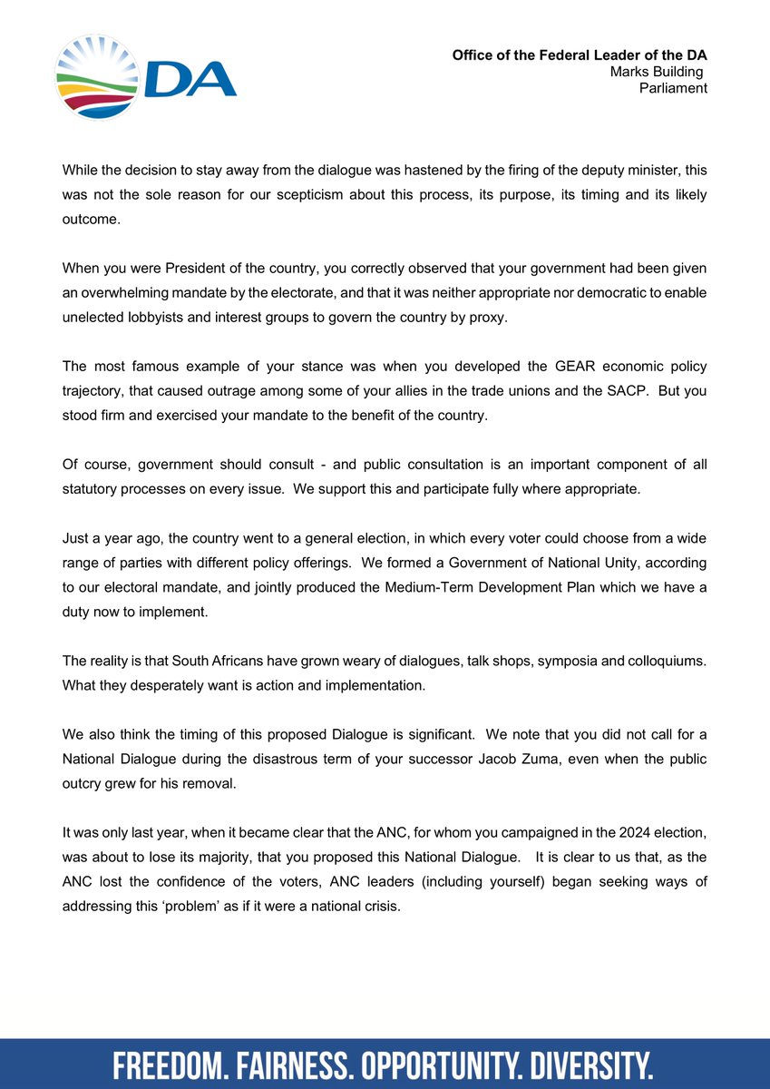 jsteenhuisen's tweet image. Good morning, South Africa. President Mbeki’s open letter to me confirms that the National Dialogue is a creature of the ANC that has been sprung upon the public with the disingenuous claim that it is an 'inclusive' process. Read my full response below.