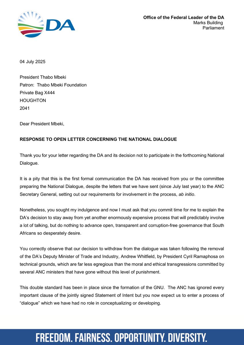 jsteenhuisen's tweet image. Good morning, South Africa. President Mbeki’s open letter to me confirms that the National Dialogue is a creature of the ANC that has been sprung upon the public with the disingenuous claim that it is an 'inclusive' process. Read my full response below.