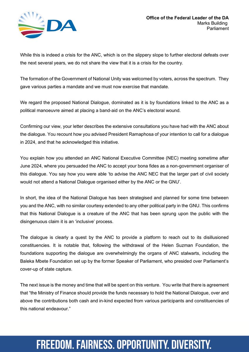 jsteenhuisen's tweet image. Good morning, South Africa. President Mbeki’s open letter to me confirms that the National Dialogue is a creature of the ANC that has been sprung upon the public with the disingenuous claim that it is an 'inclusive' process. Read my full response below.