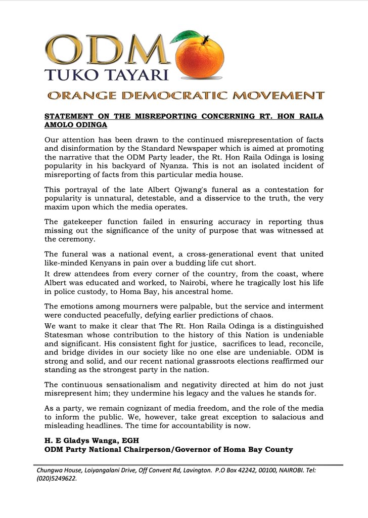The funeral of the late Albert Ojwang’ was a unifying national event and not a political contest. ODM condemns Standard Newspaper's misleading reports on Rt. Hon. Raila Odinga’s popularity. Baba remains a steadfast statesman, and ODM’s strength is unshakable. We demand accurate,