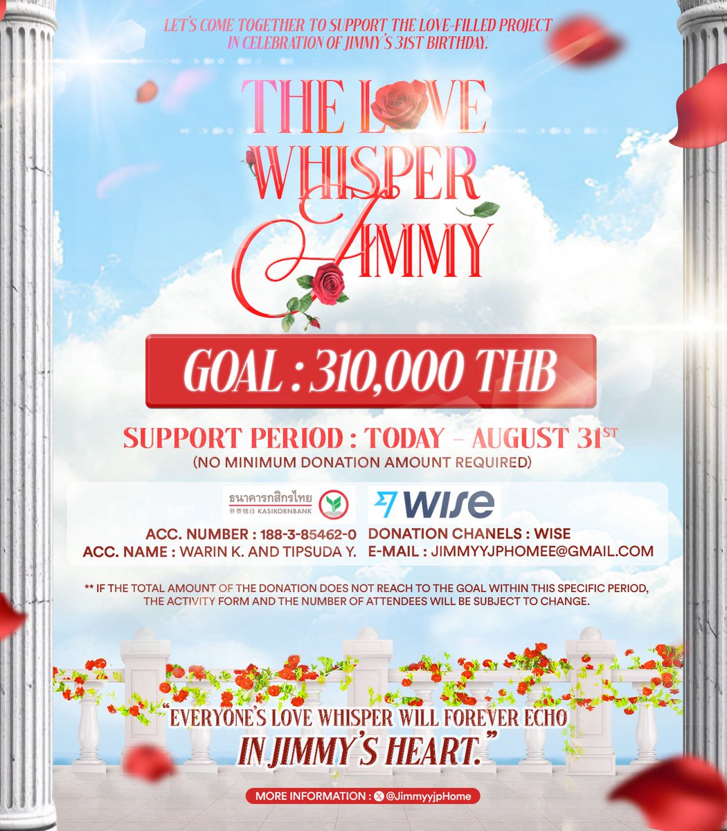JimmyyjpHome's tweet image. ✨ WISH JIMMY ALL WELL 2025 ✨
31st JIMMY Birthday Project
- THE LOVE WHISPER JIMMY 🌹-
เชิญชวนแฟนคลับมาร่วมกันสร้างโปรเจกต์ที่อบอวลด้วยความรักในโอกาสวันเกิดครบรอบ 31 ปีของจิมมี่ จิตรพล โพธิวิหค
🗓️ วันนี้ - 31 สิงหาคม 2568
รายละเอียดการสนับสนุน :…