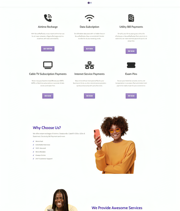sammyglobaltech's tweet photo. Just wrapped this amazing project "SecurePayTopUp" VTU platform.Built it from scratch. Fast,responsive,and user-first.Want something like this?Let's talk Call:09134997358 
Telegram:@sammyglobaltech
IG: @samyglobaltech #RCCG #DoveTv  #SecurePayTopUp 
Bono|MOTM|Yamal|Datti|El Rufai https://t.co/SRFeqfMyxM