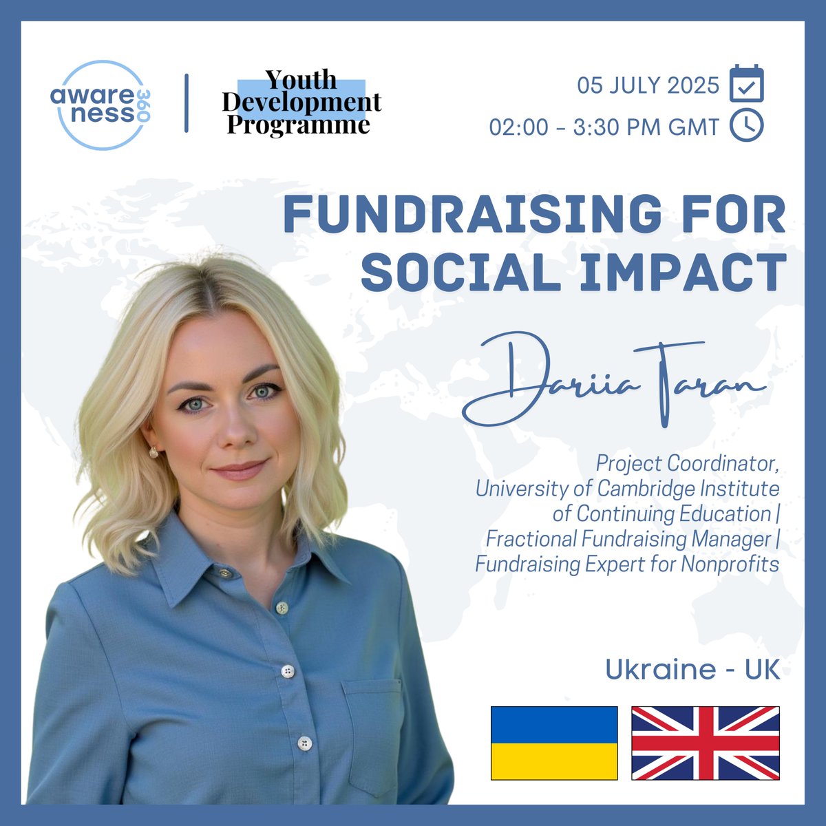 awareness_360's tweet photo. 💰 YDP 13: Fundraising for Social Impact 🌍✨

How can young changemakers mobilize resources to turn their vision into reality?

In our 13th Youth Development Programme session, we’re excited to welcome Dariia Taran, a fundraising expert with over a decade of experience! https://t.co/10V9NcGNaa