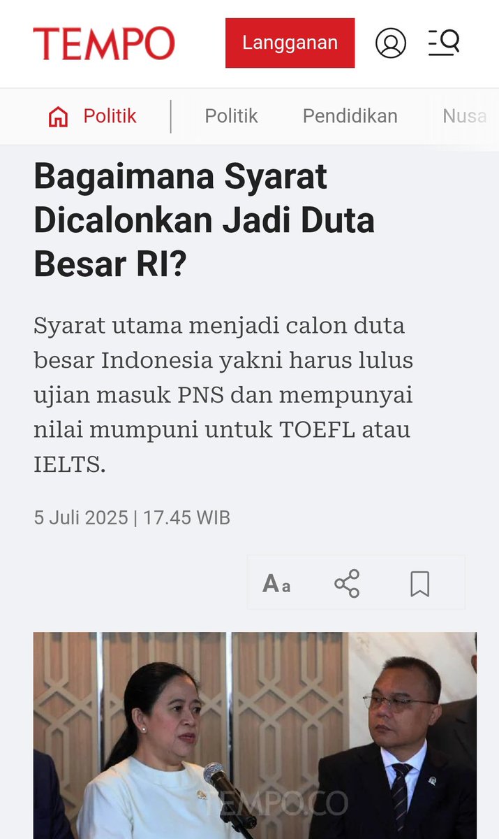 Ketua DPR RI Puan Maharani menyatakan bahwa saat ini pihaknya masih menunggu daftar nama calon Duta Besar Indonesia untuk Amerika Serikat (AS) dari pemerintah

Syarat utama menjadi calon duta besar Indonesia yakni harus lulus ujian masuk PNS dan mempunyai nilai mumpuni untuk