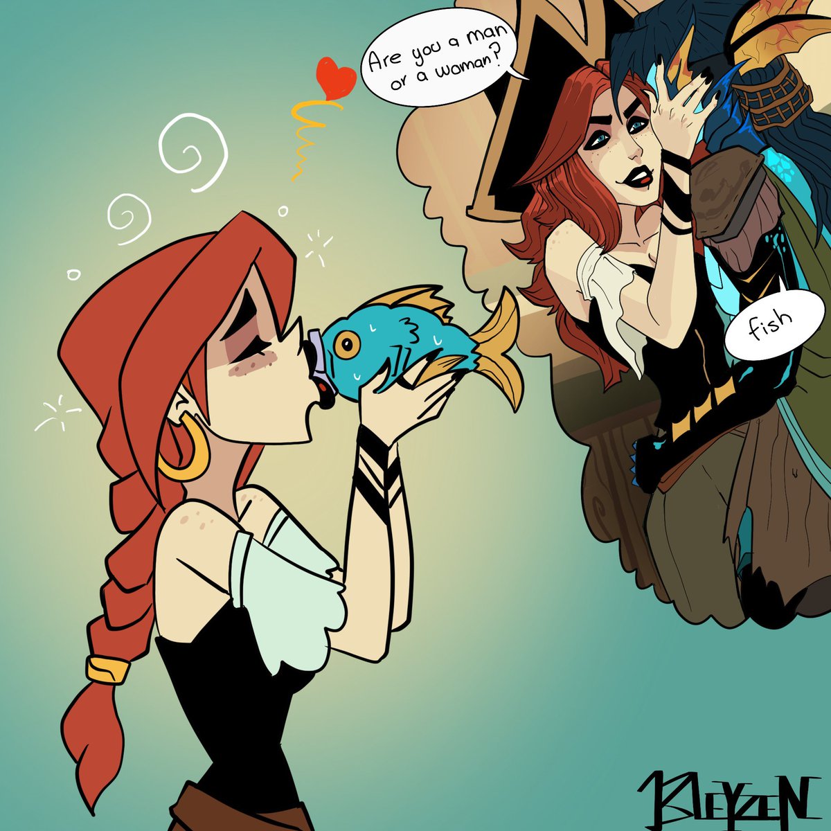 Sarah Fortune and her alcohol problem.
That fish is Atlas. 
#Artoflegends