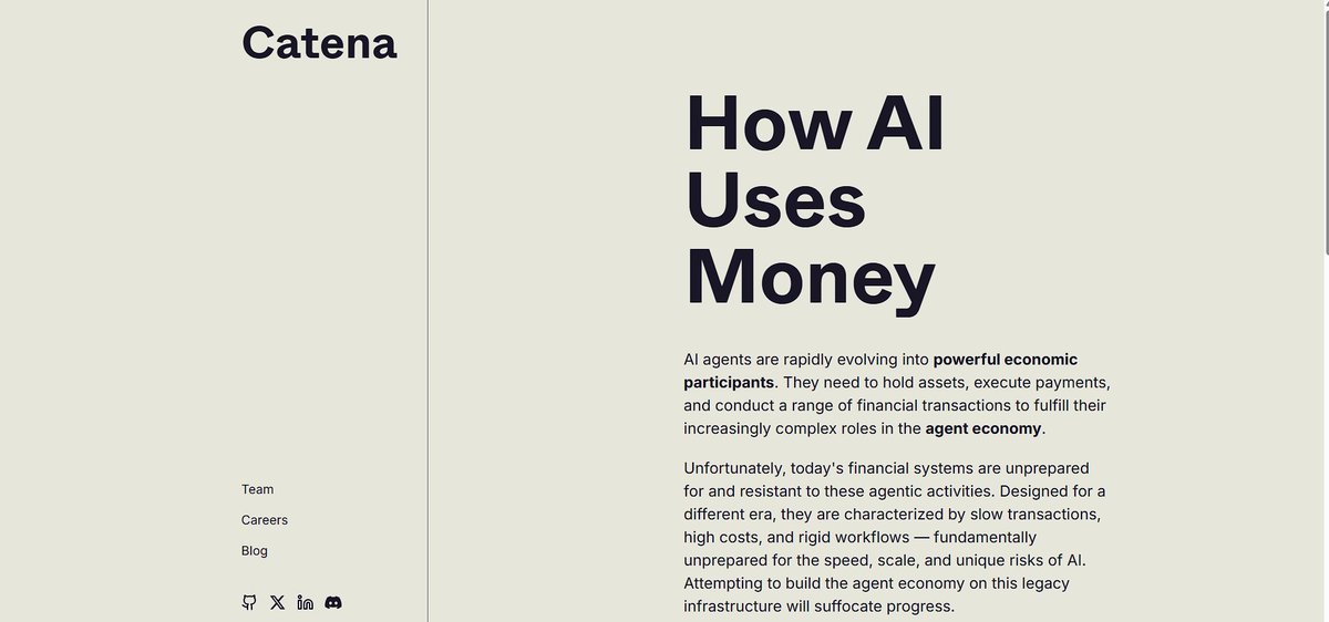 ☁ C L O U D TECH (@cloudtechvn) on Twitter photo 🧠Catena Labs <a href="/catena_labs/">Catena Labs</a> has great potential in the rapidly growing AI economy.
🚀Products and technologies:
- Agent Commerce Kit (ACK): An open-source toolkit.
- supports stablecoins
- AI identities
🪙Funding:
Catena Labs announced an $18 million Seed Round on May 20, 🧠Catena Labs <a href="/catena_labs/">Catena Labs</a> has great potential in the rapidly growing AI economy.
🚀Products and technologies:
- Agent Commerce Kit (ACK): An open-source toolkit.
- supports stablecoins
- AI identities
🪙Funding:
Catena Labs announced an $18 million Seed Round on May 20,