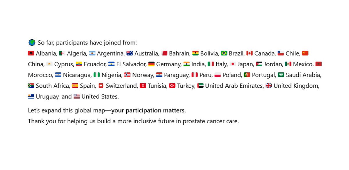 Dear Colleague,
Join the Prostate Cancer Care Disparity Analysis Project (ProGAP) (NCT06612034) by taking our quick 6–8 minute survey on global disparities in prostate cancer treatment. Your input is vital in shaping better care.  Thank you!
Link👇👇👇

qualtricsxmvcbtqb5rf.qualtrics.com/jfe/form/SV_7a…