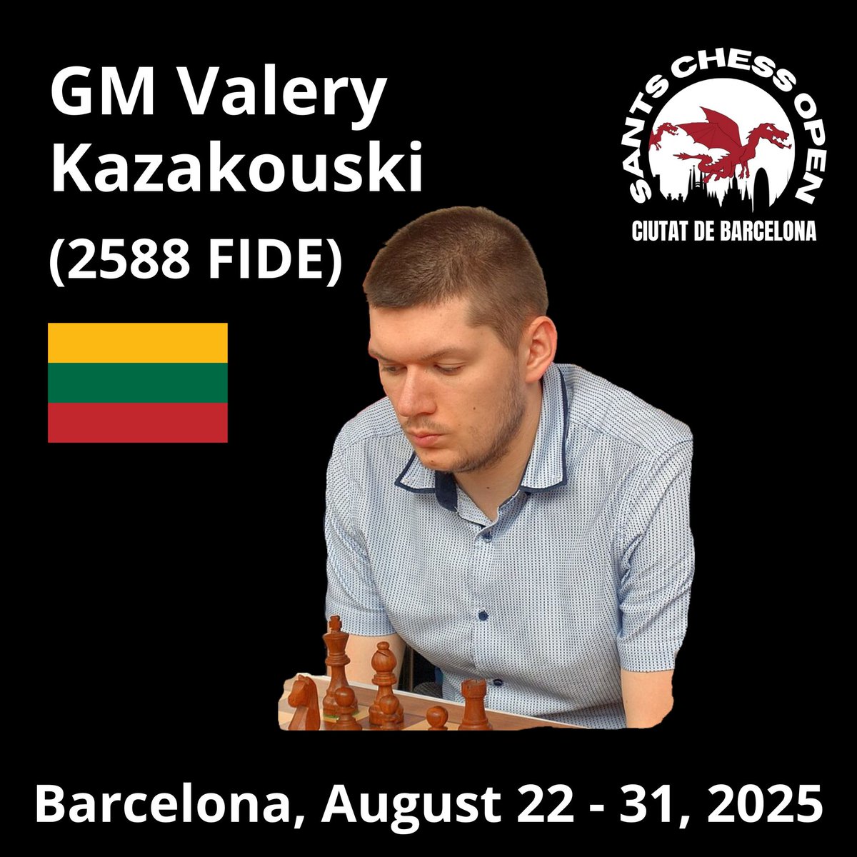 GM Valery Kazakouski has joined to Sants Chess Open 2025. Belarusian and currently a Lithuanian national, Kozakowski obtained the GM title in 2022 and has played in the Chess Olympiads for Lithuania. Welcome to Barcelona!

#santschess #chess #lithuania #chessplayer #grandmaster