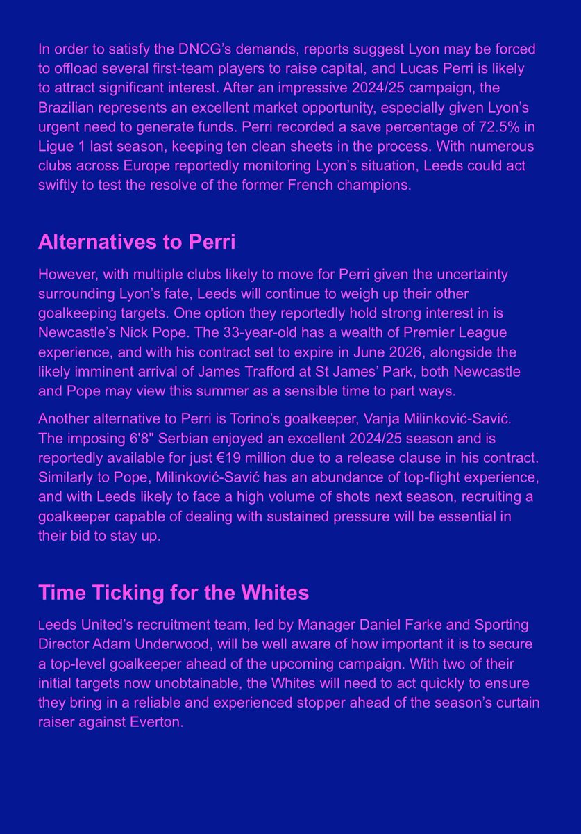 Quick piece I wrote on Leeds’ goalkeeper search and Lyon’s current financial situation. Check it out! #LUFC