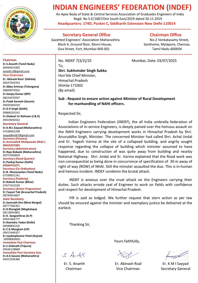 Hon’ble CM Shri <a href="/SukhuSukhvinder/">Sukhvinder Singh Sukhu</a> ji is requested to ensure action against Shri Anirudh Singh

<a href="/CESRoads/">Central Engineering Services (Roads)</a> <a href="/NHAIENGINEERS/">NHAI Engineer’s Association (NEA)</a> <a href="/AssociationIdse/">IDSE Association</a> <a href="/CWPESA/">Central Water & Power Engg Services Association</a> <a href="/paniitindia/">Pan IIT Alumni India</a>