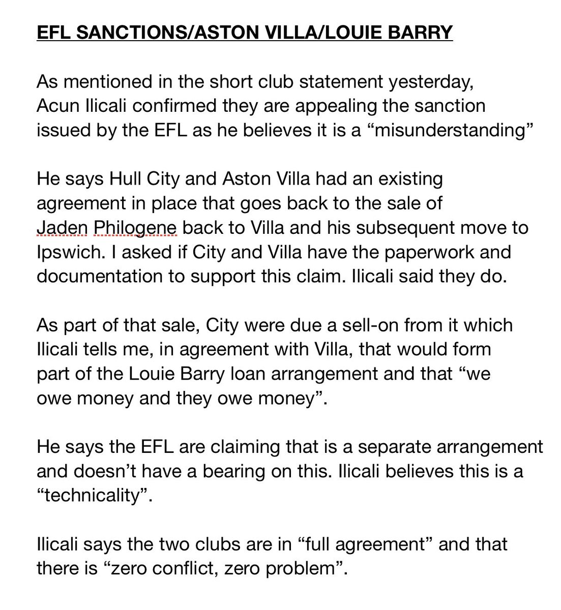 mikewhitesport's tweet image. Not an interview but briefest conversation with @HullCity owner @acunilicali on @EFL sanctions.
Below is his explanation of why he believes the 3-window fee restriction is unjust.
I’ve requested a full interview to answer Qs in greater detail & with more time to do so.
#hcafc