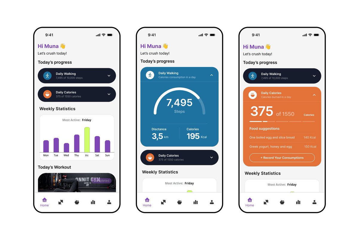 munale_'s tweet photo. Day 06 - Fitness App Home Screen 

Track your daily walking and calories at a glance, spot your active day with weekly statistics, and view your current workout session. https://t.co/Yrx3KwgNIh