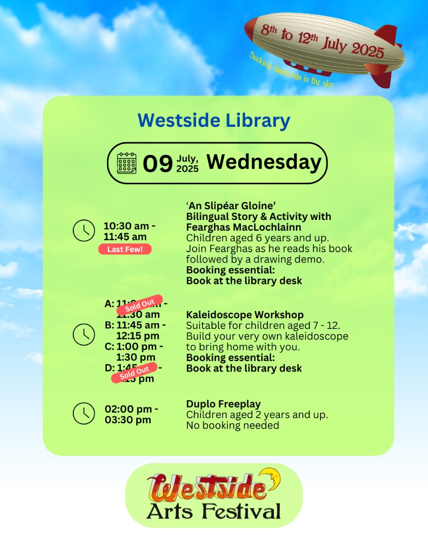 It's just three days to go until this year's Westside Arts Festival begins and some of our ticketed events are already fully booked! So don't miss out - call into Westside Library today to get your ticket and to find out more about all our other great events!
#WAF2025