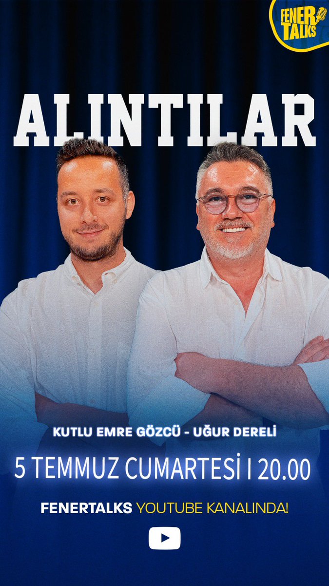 💬 ‘ALINTILAR’ BU AKŞAM 20:00’DE FENERTALKS’TA! 🎥

Spor ve medyada sıkça duyduğumuz sözler, artık yüzeyde kalmayacak.

🎙️Tarih öğretmeni Uğur Dereli ve gazeteci Kutlu Emre Gözcü, gündemi meşgul eden açıklamaların arkasındaki stratejiyi, niyeti ve hedefi ortaya koyacak.

🔍 “Bir
