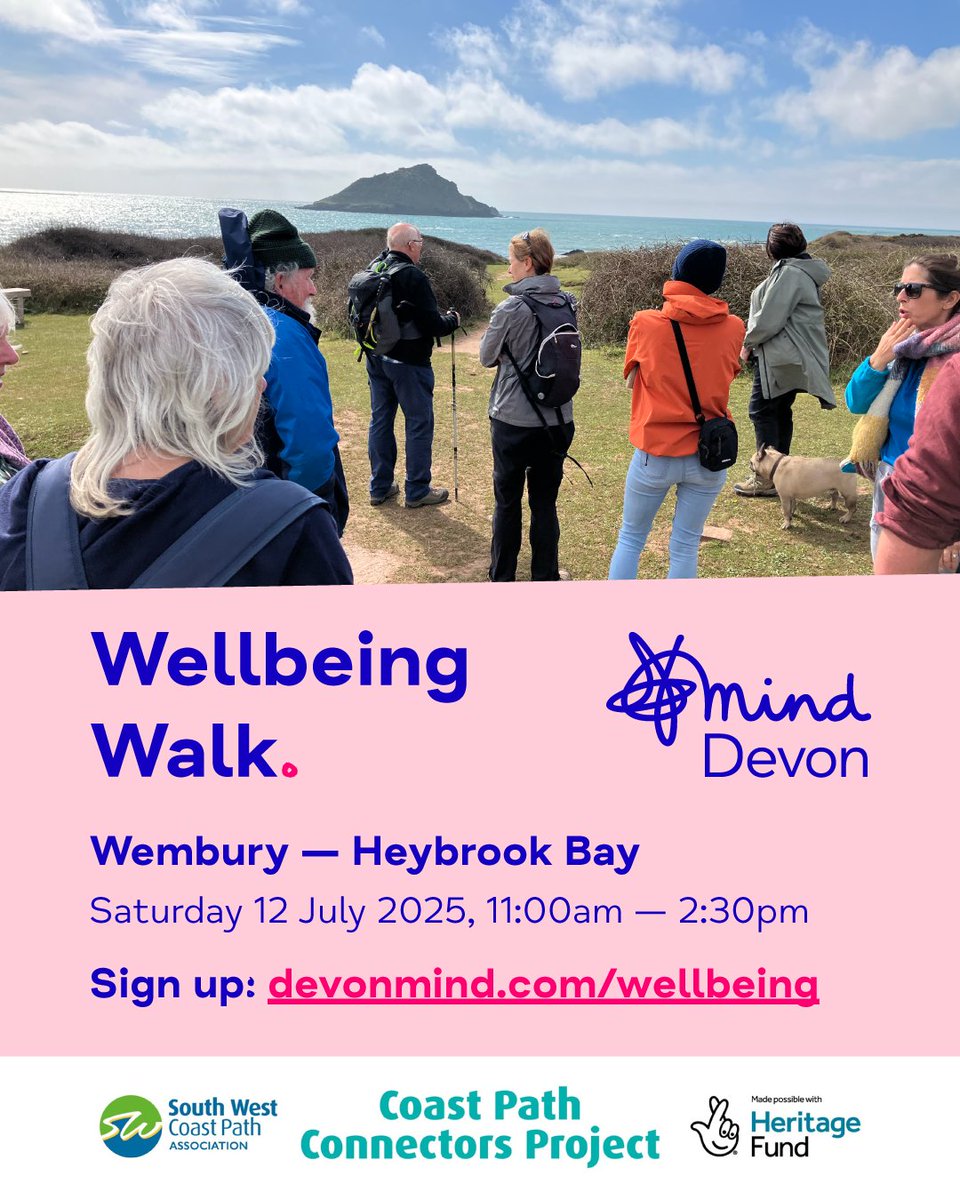 MindDevon's tweet image. Join our next 𝗪𝗲𝗹𝗹𝗯𝗲𝗶𝗻𝗴 𝗪𝗮𝗹𝗸 in partnership with @swcoastpath! 👣

📆 Saturday 12 July 2025
⏰ 11:00am — 2:30pm
🗺️ #Wembury — #HeybrookBay

Find out more and sign up here: loom.ly/rMXBgfk