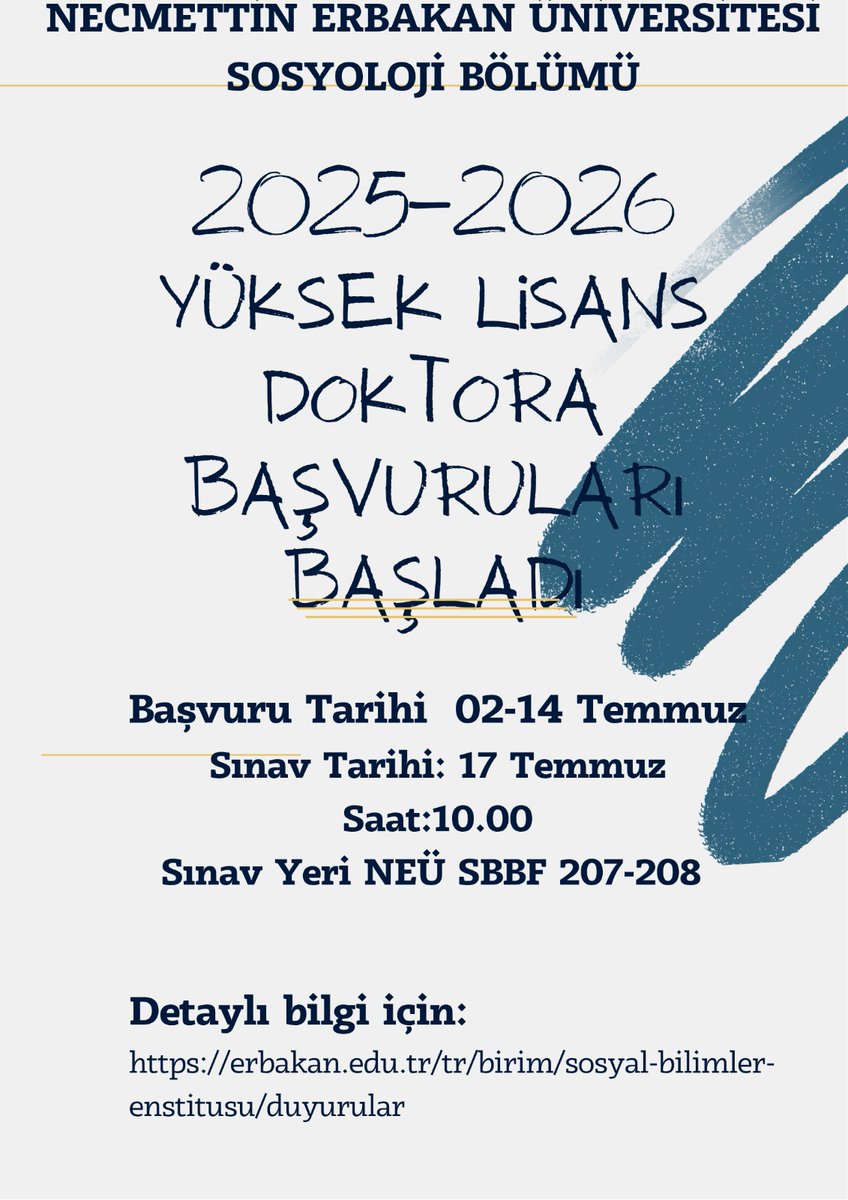 Necmettin Erbakan Üniversitesi Sosyoloji Anabilim Dalı

🎓 2025-2026 Eğitim-Öğretim Yılı Güz Yarıyılı Yüksek Lisans ve Doktora Programı Başvuruları

📌 Başvuru Tarihleri:
02 Temmuz 2025 – 14 Temmuz 2025 (Saat 17:00’ye kadar)