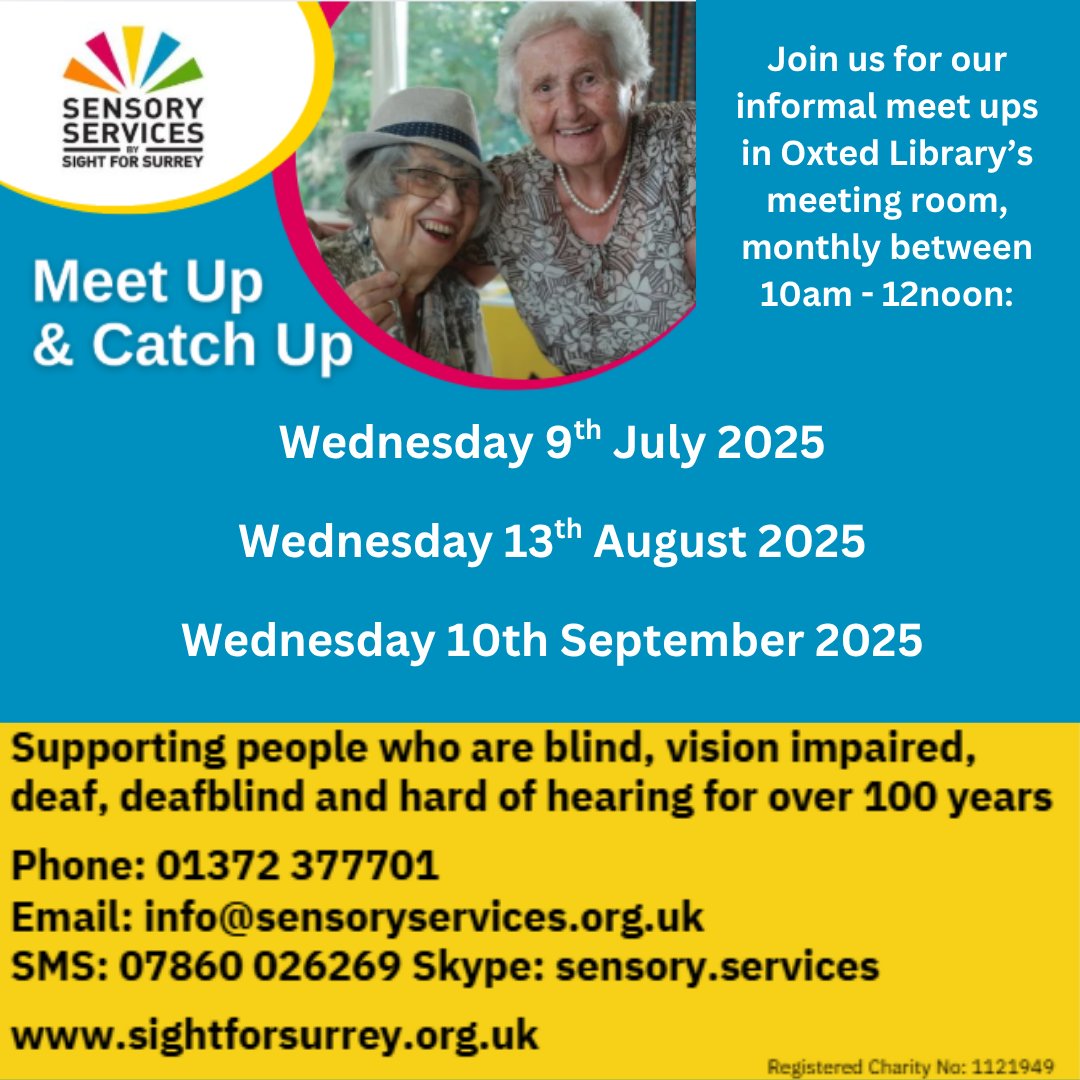 Oxted Library (@oxtedlibrary) on Twitter photo 👋 Join us tomorrow for our next relaxed monthly meet-up <a href="/OxtedLibrary/">Oxted Library</a>!
📅 Weds 9 July
🕙 10am–12noon
💬 Connect with others in the sensory community
📞 01372 377701🌐 sightforsurrey.org.uk
<a href="/SightforSurrey/">Sensory Services by Sight for Surrey</a> #CommunitySupport <a href="/SurreyLibraries/">Surrey Libraries UK</a> <a href="/loveoxted/">Love Oxted</a> 👋 Join us tomorrow for our next relaxed monthly meet-up <a href="/OxtedLibrary/">Oxted Library</a>!
📅 Weds 9 July
🕙 10am–12noon
💬 Connect with others in the sensory community
📞 01372 377701🌐 sightforsurrey.org.uk
<a href="/SightforSurrey/">Sensory Services by Sight for Surrey</a> #CommunitySupport <a href="/SurreyLibraries/">Surrey Libraries UK</a> <a href="/loveoxted/">Love Oxted</a>