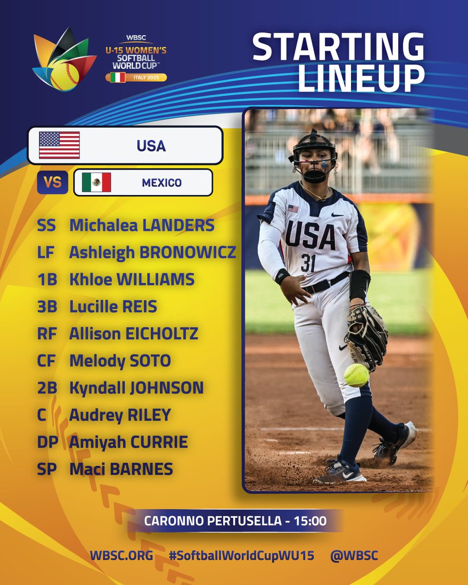 WBSC ⚾🥎 (@wbsc) on Twitter photo 🇺🇸📋 Here is the starting lineup of USA for the 🥉 Bronze Medal Game.
WBSC U-15 Women's Softball World Cup 2025 #SoftballWorldCupWU15 🇺🇸📋 Here is the starting lineup of USA for the 🥉 Bronze Medal Game.
WBSC U-15 Women's Softball World Cup 2025 #SoftballWorldCupWU15
