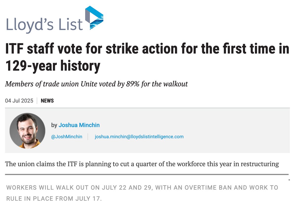 .<a href="/LloydsList/">Lloyd's List</a>: ITF (<a href="/ITFglobalunion/">International Transport Workers' Federation (ITF)</a>) staff vote for strike action for the first time in 129-year history

ITF affiliates “approved an ambitious five-year vision at their congress in October 2024, not severe staff cuts that will prevent that workplan being delivered.”