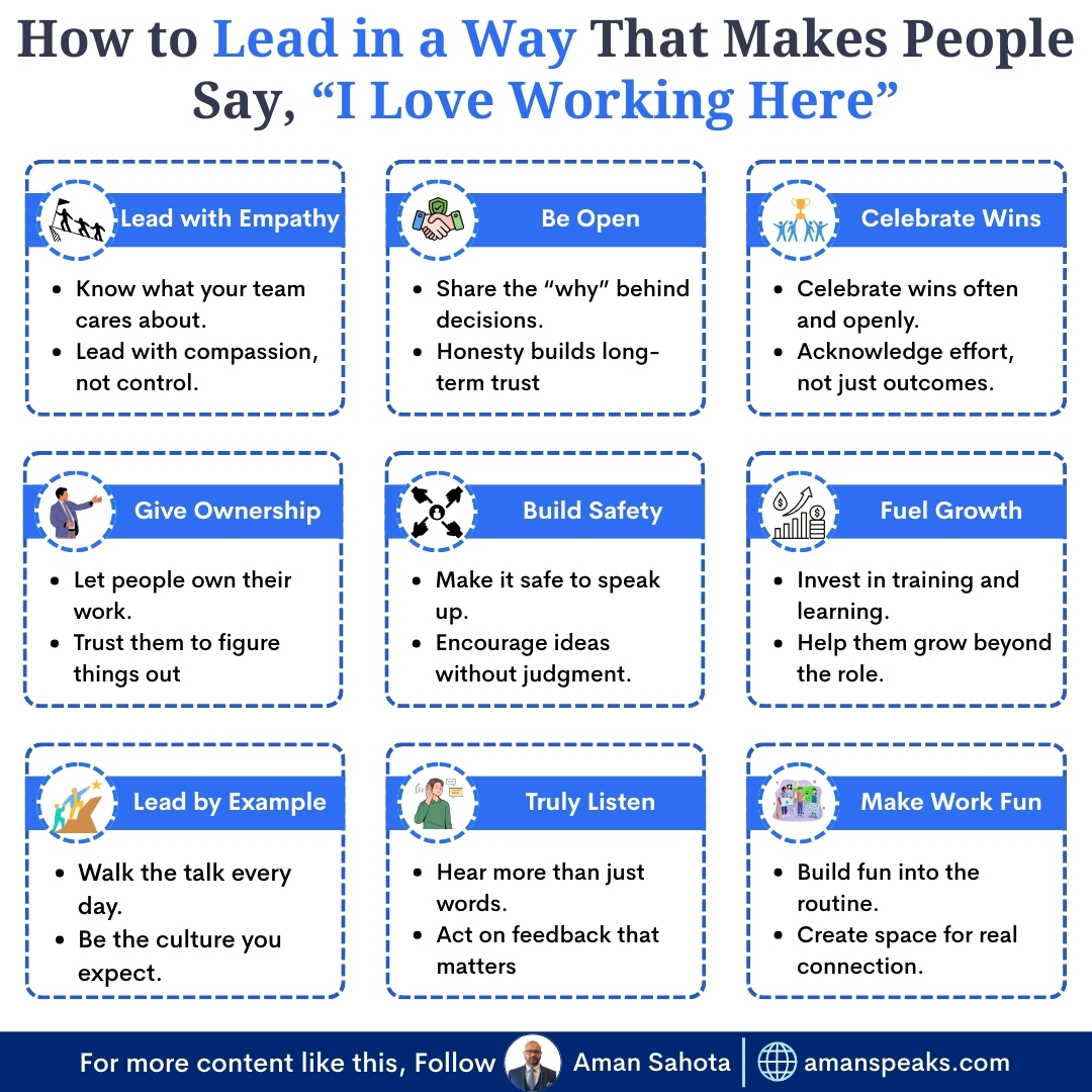 AmanSahota1234's tweet image. How to Lead in a Way That Makes People Say, “I Love Working Here”
Ever wondered what truly makes employees love where they work?
The secret isn’t just in the perks—it’s in the way leaders inspire loyalty and joy.
Here’s the step-by-step guide to becoming the kind of leader…