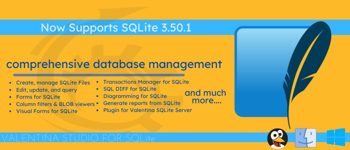 proactiveintl's tweet image. 🚀 Valentina Studio now supports SQLite 3.50.1! Unlock powerful tools like visual #schema editing, SQL DIFF, ER diagrams, and interactive #forms—tailored for SQLite. Check out #SQLiteServer too! Upgrade your workflow with precision + style. 🔍bit.ly/4exQAXC