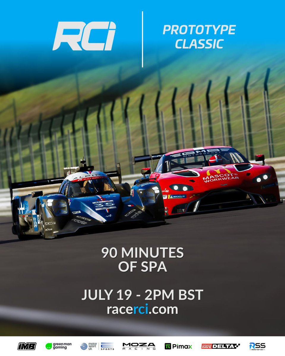 🚨 LMP2 ✅ GTE ✅ Spa ✅ — The Ultimate Combo is Coming! 🚨

The countdown is ON! Just 2 weeks until our next Prototype Classic hits the track at the iconic Spa-Francorchamps! 🏁

Think you’ve got what it takes? 👀
🔗 Sign Up Now: racerci.com/championships/…