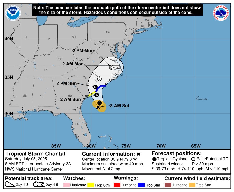 Tropical Storm #Chantal forms off Southeast coast. Landfall expected on South Carolina coast expected early Sunday morning.