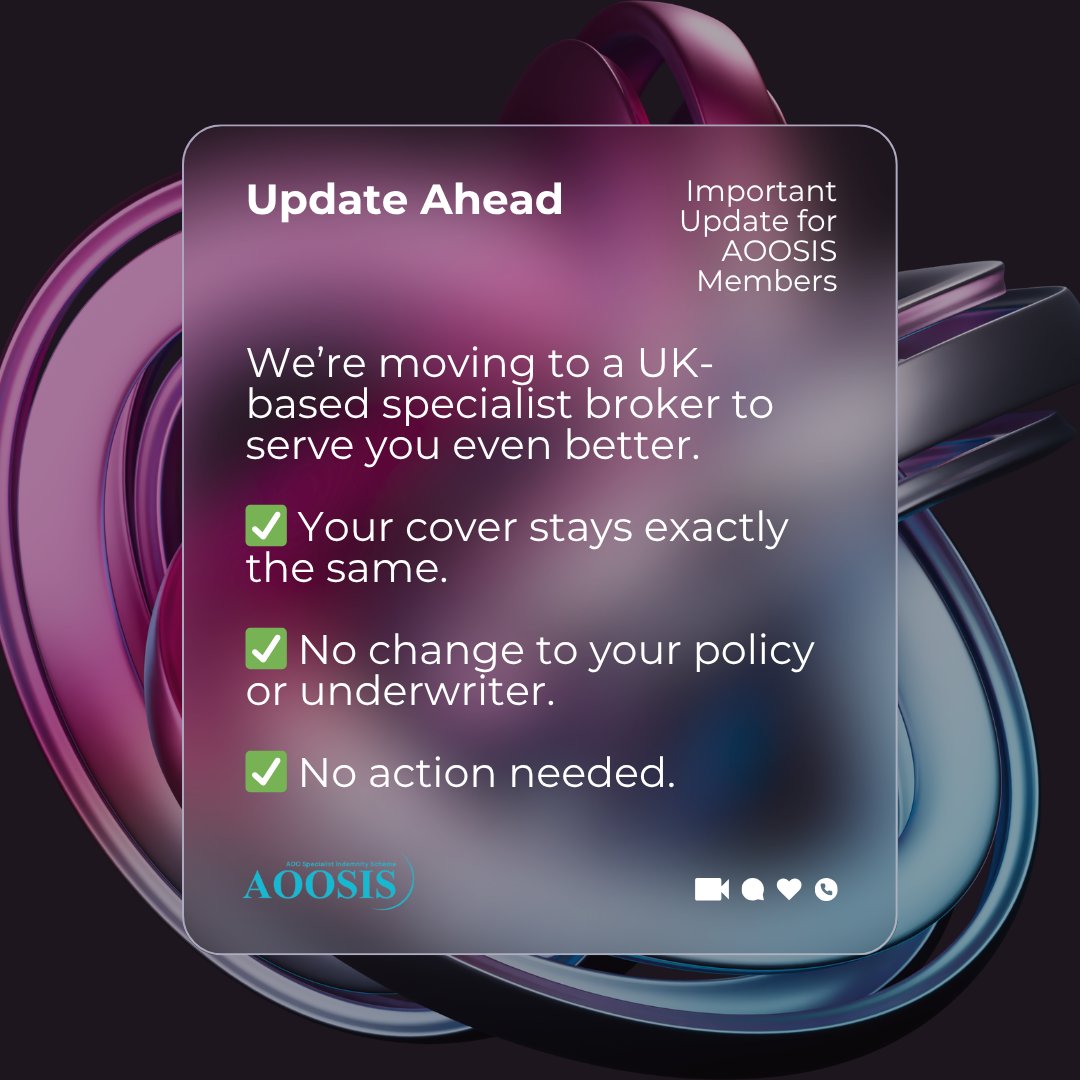 AOOSIS_'s tweet photo. ✅ Important Update for AOOSIS Members:
We're switching to a UK-based specialist broker to better support your medical indemnity needs.
✅ No changes to your policy or underwriter.
📩 You’ll hear from the new broker soon.
Questions? info@aoosis.co.uk
#AOOSIS #MedicalIndemnity https://t.co/3LToDDlYeZ
