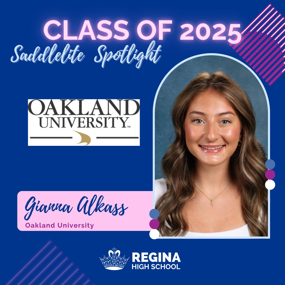 💙Class of 2️⃣0️⃣2️⃣5️⃣ #SaddleliteSpotlight!🤍

🏈Regina's #Powderpuff game is a favorite memory among many #ReginaHighSchoolgrads, this year's included! 🎓Congrats to these #Saddlelitegrads who will be attending @OaklandUniversity this fall🖤💛:
🎓Sydney Darr
🎓Gianna Alkass {1/2}