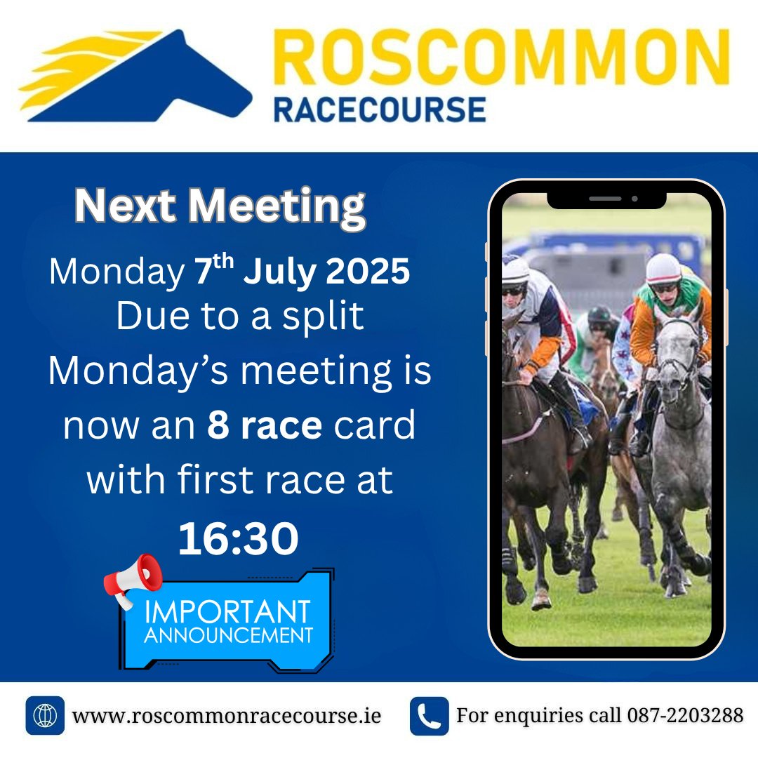 Please not that due to a split in the Frenchpark Maiden Hurdle, we now have an 8 race card on Monday 7th July with first race going to post at 16:30.