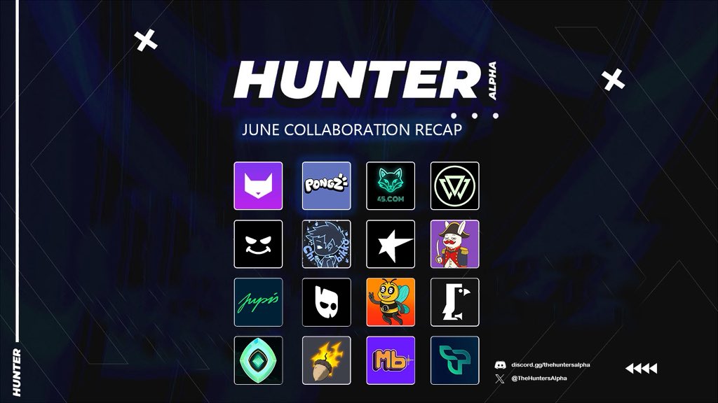 TheHuntersAlpha's tweet image. Hunter Alpha | June Collab Recap
June was a BIG month for Hunters.
We grew. We built. We locked in major Web3 collabs and the momentum is real.
But we’re not stopping here.
Hunter Alpha is just getting started. More collaborations, more growth, and even more wins with the…