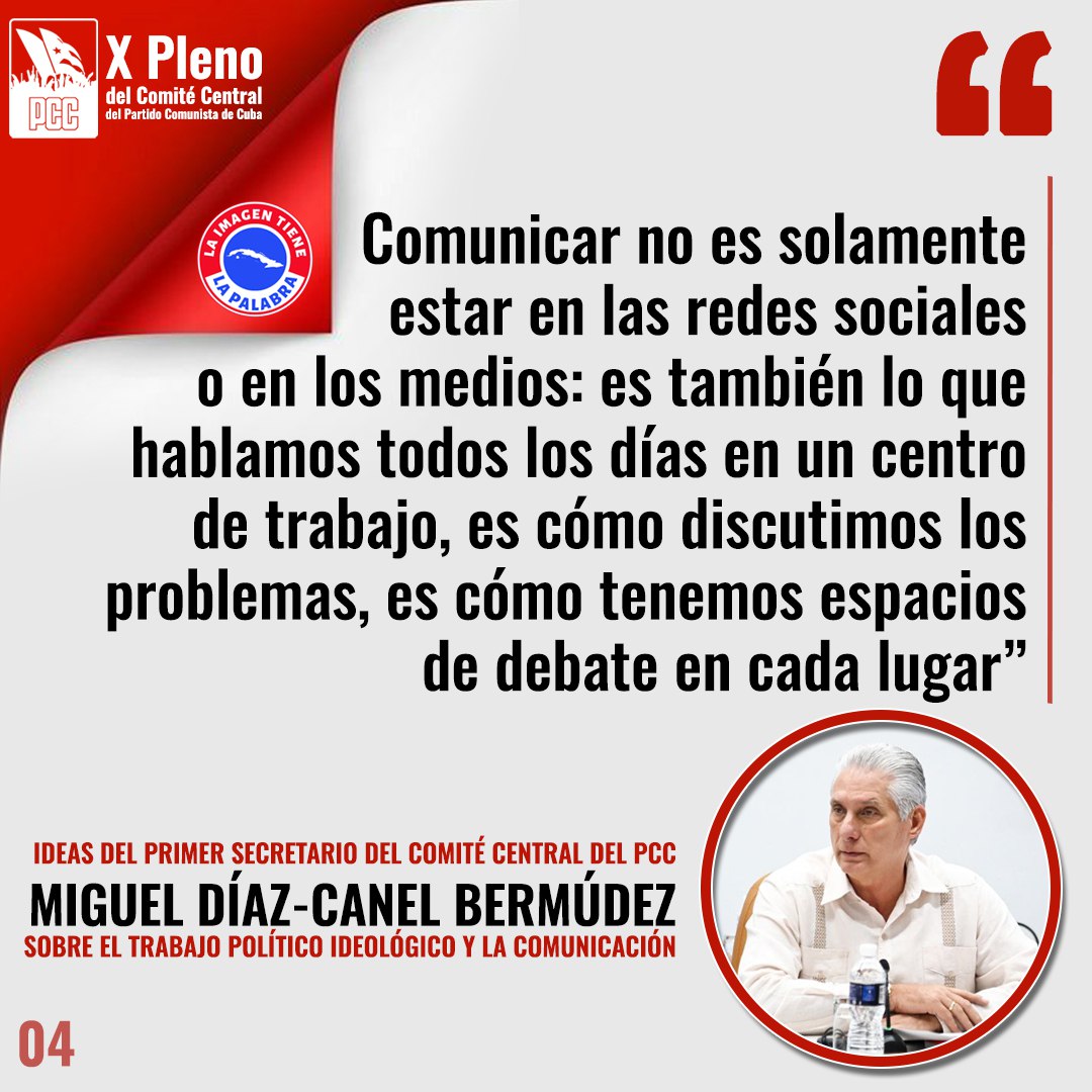 <a href="/DiazCanelB/">Miguel Díaz-Canel Bermúdez</a> 🗣️| Si yo estoy convencido de eso, salgo todos los días a pelear, salgo todos los días a batallar, salgo todos los días a enfrentar, salgo todos los días a dar la cara; y eso es lo que tenemos que lograr hacer entre todos, pero en cada lugar
#XPlenoCC 🇨🇺