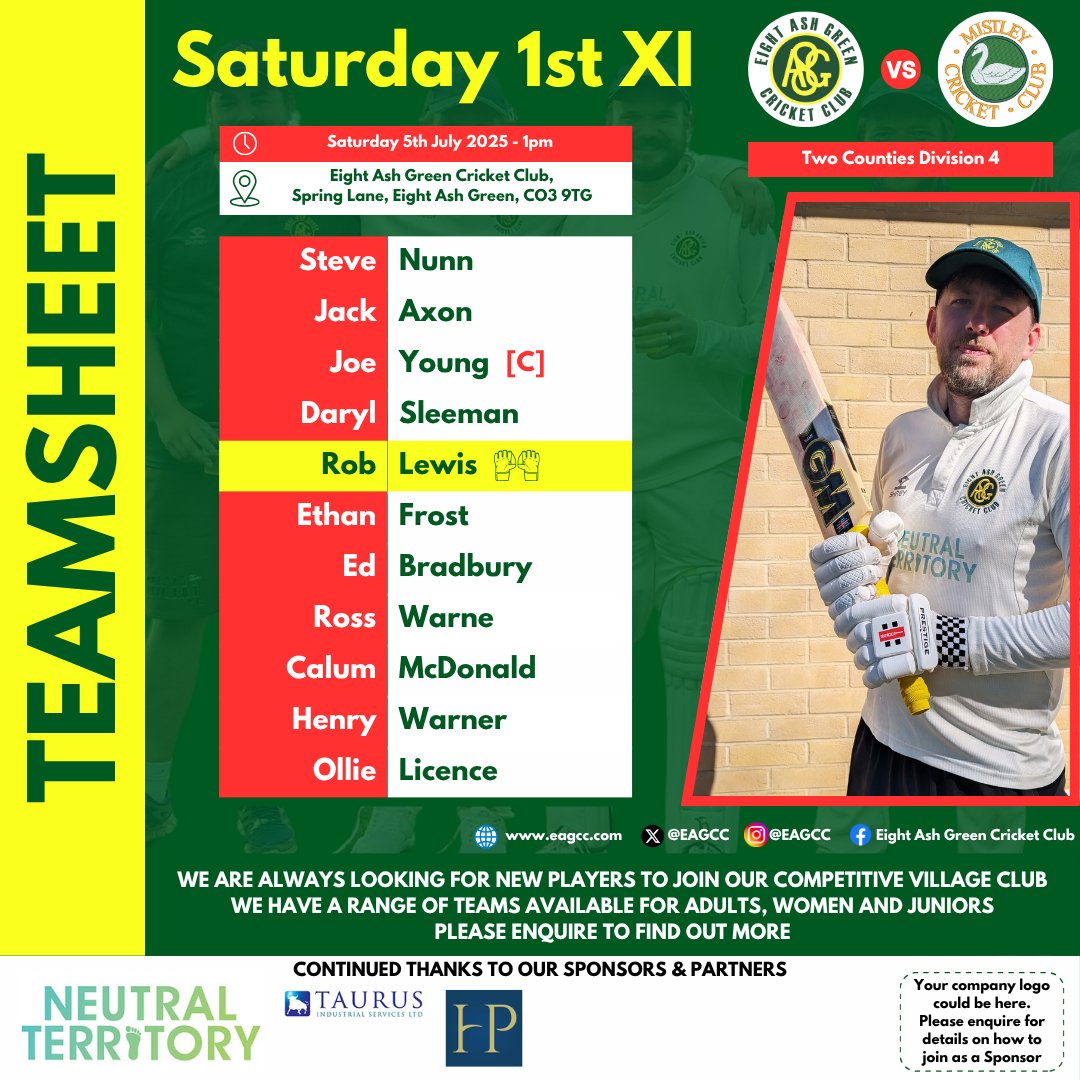 Today, the Saturday 1st XI host their home match against <a href="/MistleyCC/">Mistley Cricket Club</a> 🏏
.
Here's our lineup, good luck to the team! 💪
.
The bar is open, come down and support our team if you can! 🍻
.
#EAGCC #EightAshGreenCricketClub #EightAshGreen #ComeOnTheGreen