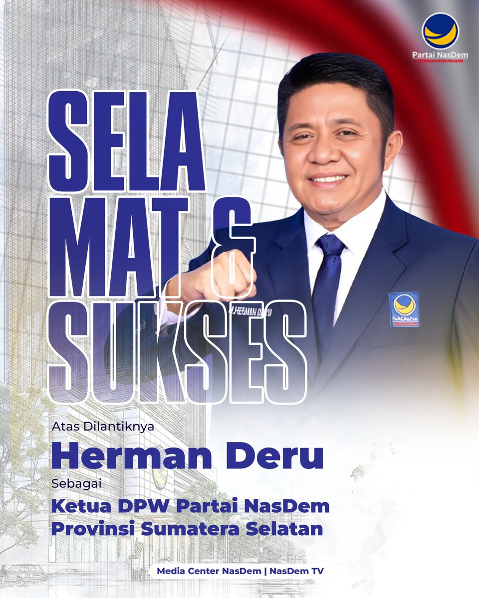 Selamat dan sukses atas dilantiknya Kakak Herman Deru sebagai Ketua DPW Partai NasDem Provinsi Sumatera Selatan.

Dan selamat bertugas kepada jajaran pengurus DPW NasDem Sumatera Selatan periode masa bakti 2025-2029. 

Semoga spirit Gerakan Perubahan Restorasi Indonesia terus