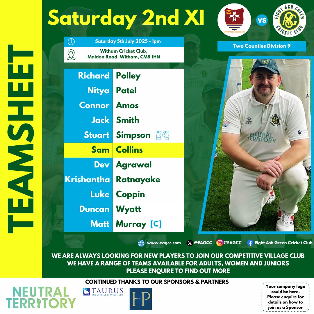 🚨 TEAMSHEET FOR SATURDAY 2ND XI 🚨
.
Today, the Saturday 2nd XI travel to <a href="/Withamcc/">Withamcc</a> for their fixture 🏏
.
Here's our lineup, good luck to the team! 💪
.
#EAGCC #EightAshGreenCricketClub #EightAshGreen #ComeOnTheGreen